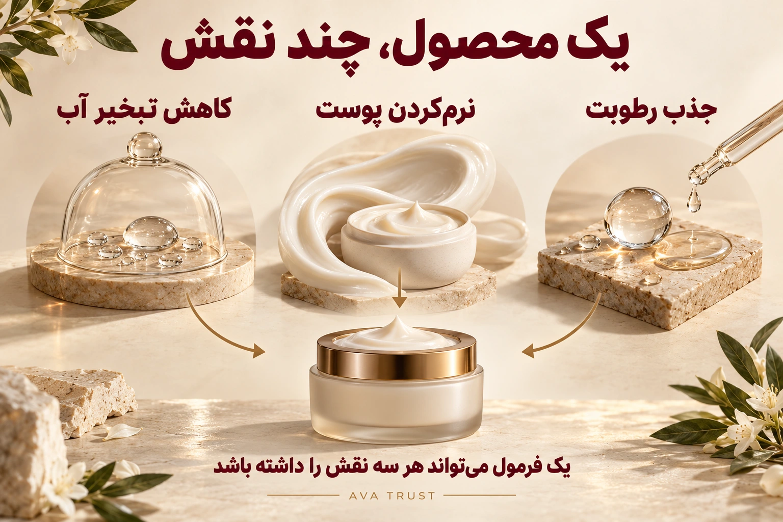 سه نقش محصولات رطوبت‌رسان شامل جذب رطوبت، نرم‌کردن پوست و کاهش تبخیر آب که می‌توانند در یک فرمول جمع شوند.
