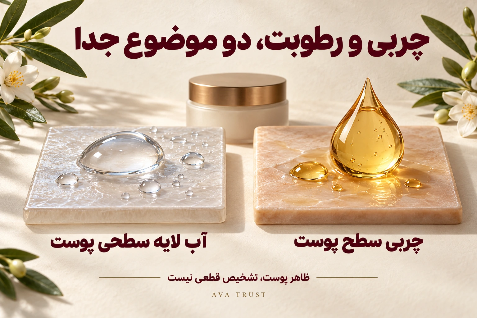 مقایسه مفهومی چربی سطح پوست با آب لایه سطحی و یادآوری اینکه ظاهر پوست به‌تنهایی تشخیص قطعی نمی‌دهد.