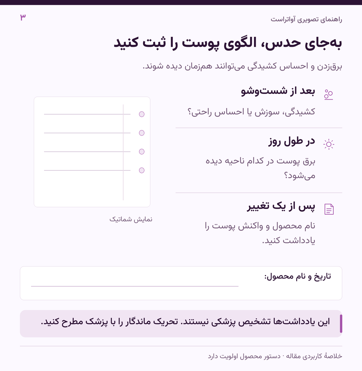 به‌جای حدس، الگوی پوست را ثبت کنید؛ این یادداشت‌ها تشخیص پزشکی نیستند. تحریک ماندگار را با پزشک مطرح کنید.