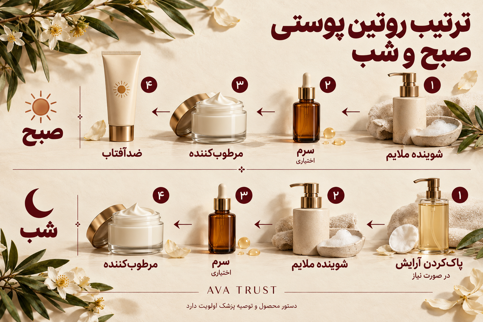 ترتیب روتین صبح و شب از راست به چپ؛ صبح شوینده ملایم، سرم اختیاری، مرطوب‌کننده و ضدآفتاب؛ شب پاک‌کردن آرایش در صورت نیاز، شوینده، سرم اختیاری و مرطوب‌کننده.