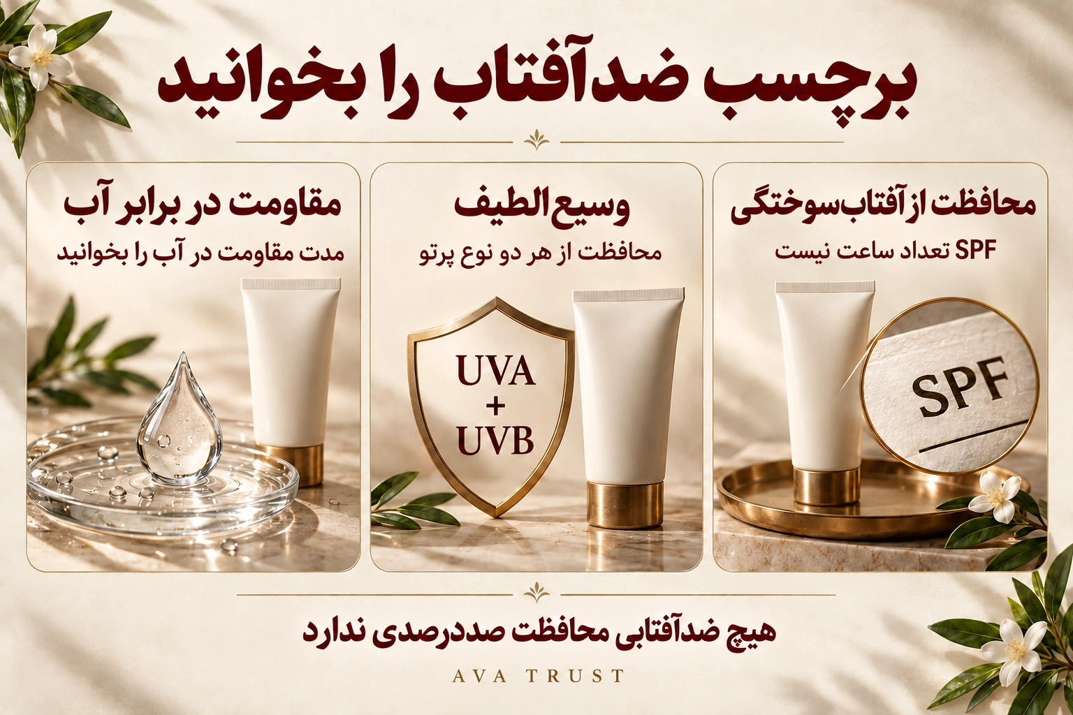 سه بخش برچسب ضدآفتاب: SPF برای محافظت از آفتاب‌سوختگی، وسیع‌الطیف برای UVA و UVB، و مدت مقاومت در آب